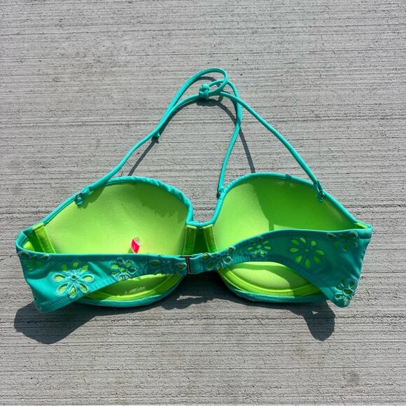 Victoria’s Secret 34D Teal Daisy Cutout Bandeau Bikini Top Halter tie Neon Green - Picture 2 of 5